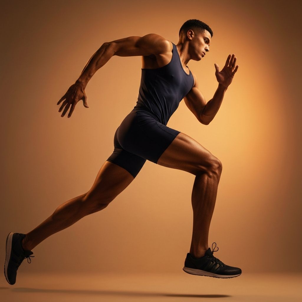 Elite athlete in motion surrounded by protein powder particles